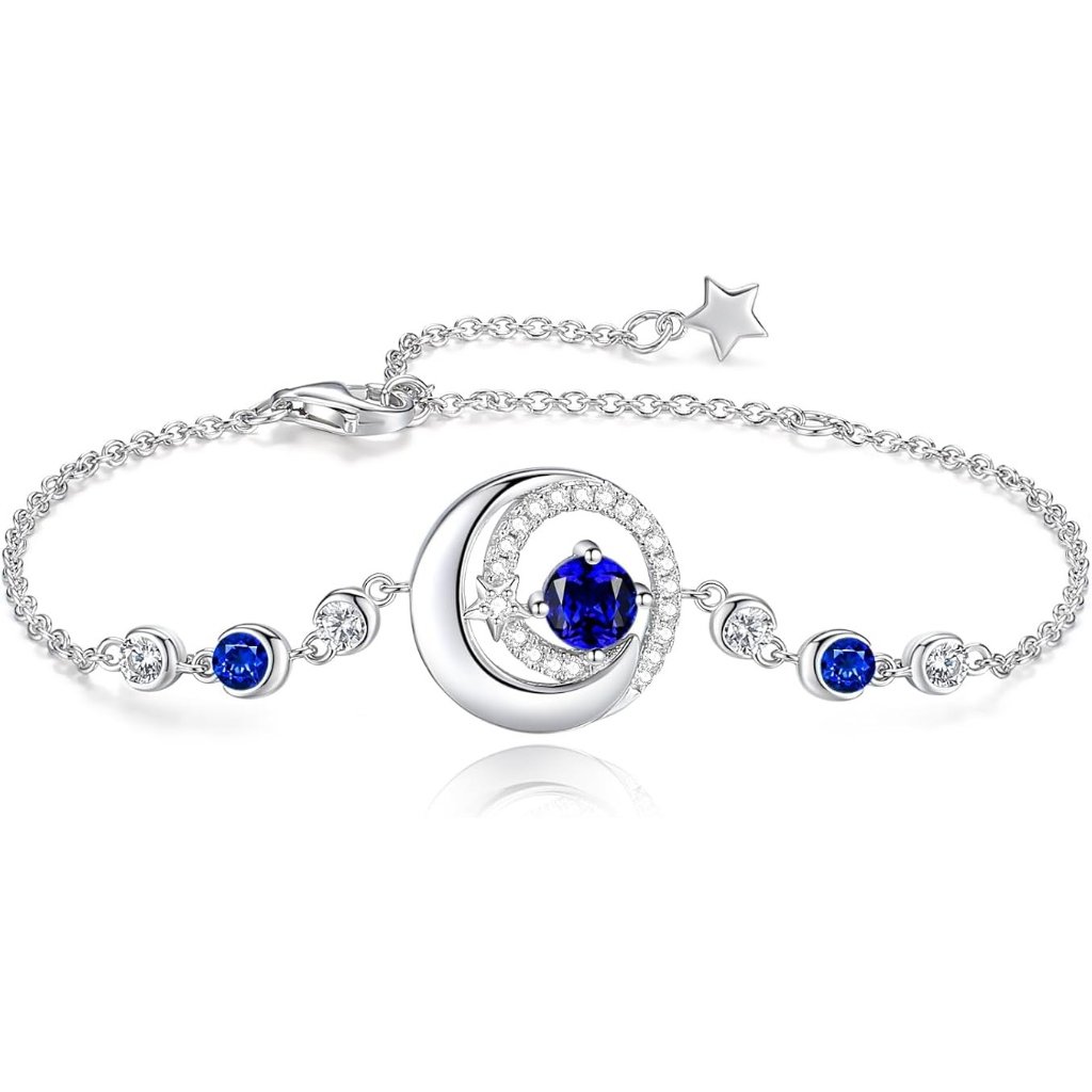 925 Sterling Silver Moon And Star Birthstone Bracelet - Sapphire